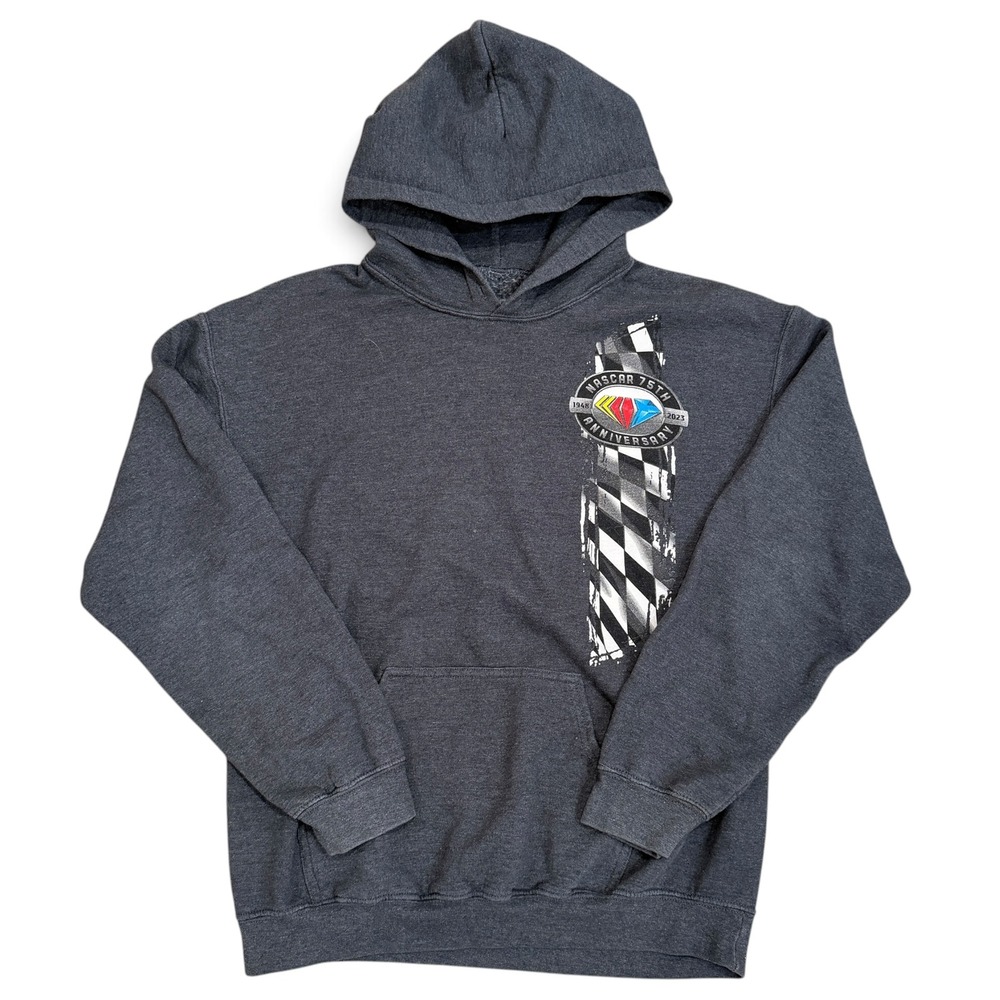 NASCAR 75th Anniversary Hoodie Mens Medium Gray 1948-2023 Race Car Graphic Sweat